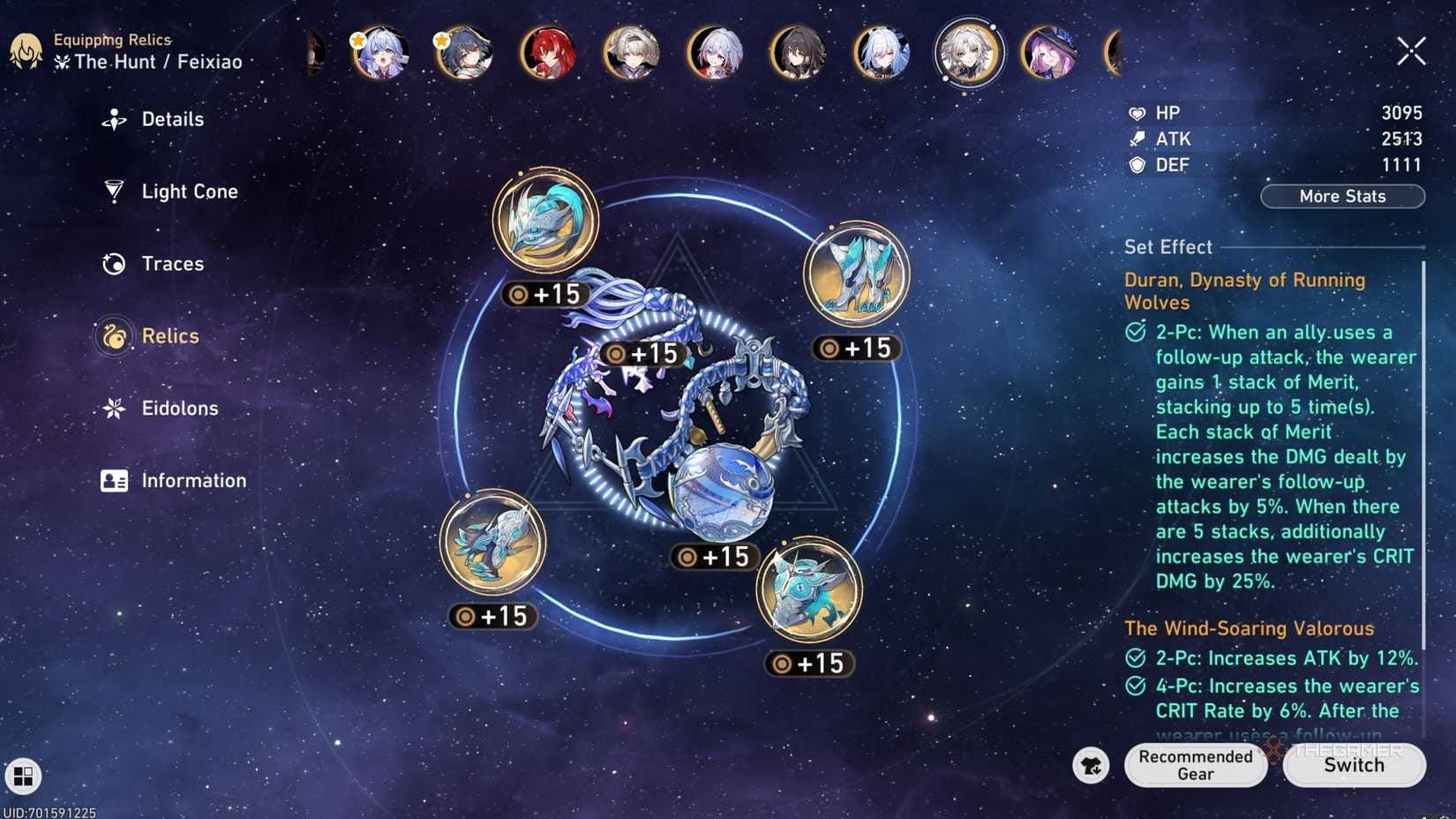 Honkai Star Rail Feixiao with Duran Dynasty relics equipped