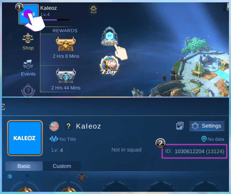 Mobile Legends profile screen highlighting where to find User ID and Zone ID information