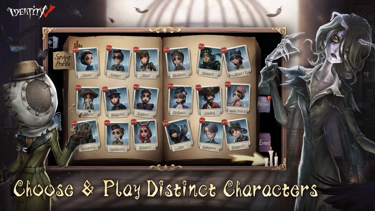 Libro de personajes de Identity V con la pestaña Personalidad junto a Cazador y Evento