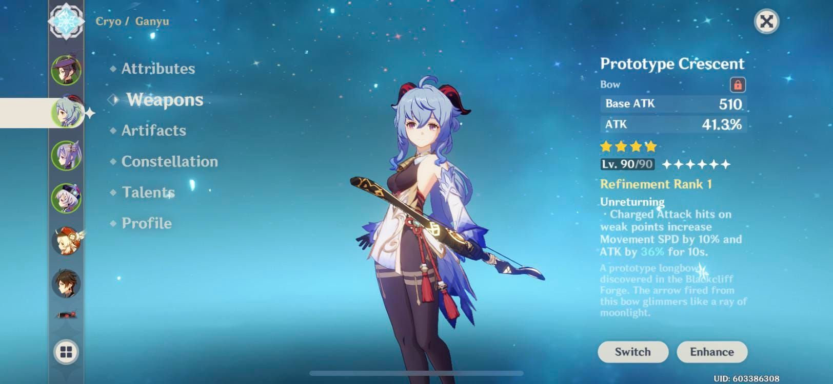 Ganyu using Prototype Crescent bow for charged shot attacks in Genshin Impact