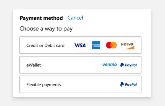 Xbox checkout screen showing Microsoft account balance payment option