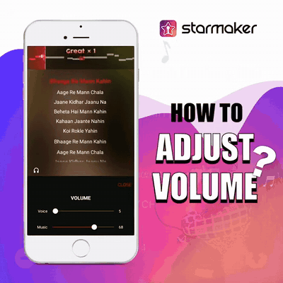 Clipe animado dos controles deslizantes de volume de voz e música sendo ajustados no aplicativo StarMaker, de um tutorial oficial de 2019