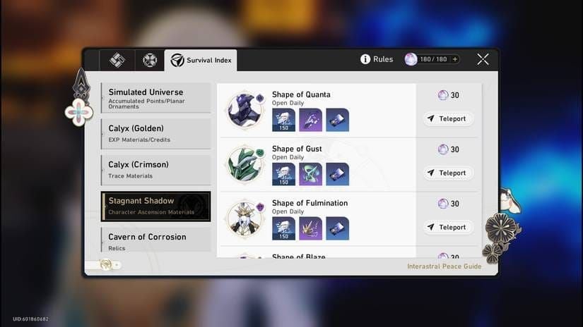 Zrzut ekranu z przewodnika po farmie Stagnant Shadows w Honkai: Star Rail