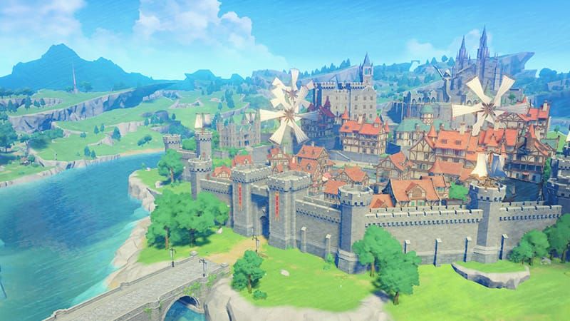 Mondstadt city landscape in Genshin Impact showing the City of Freedom"s architecture
