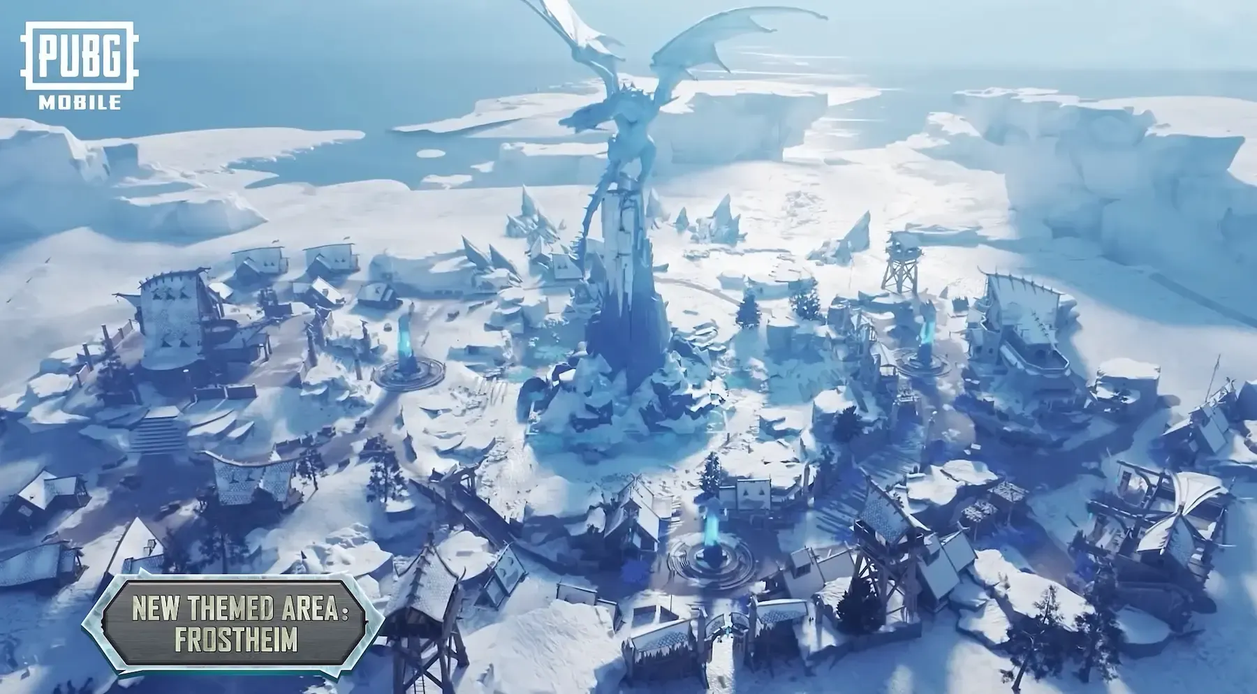 خريطة ببجي موبايل Icemire Frontier تظهر المواقع الرئيسية المتعلقة بالتنين والمناطق الاستراتيجية