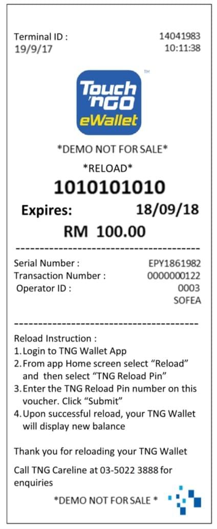 Ejemplo de recibo impreso para el PIN de recarga de TNG (MY) de una tienda de conveniencia
