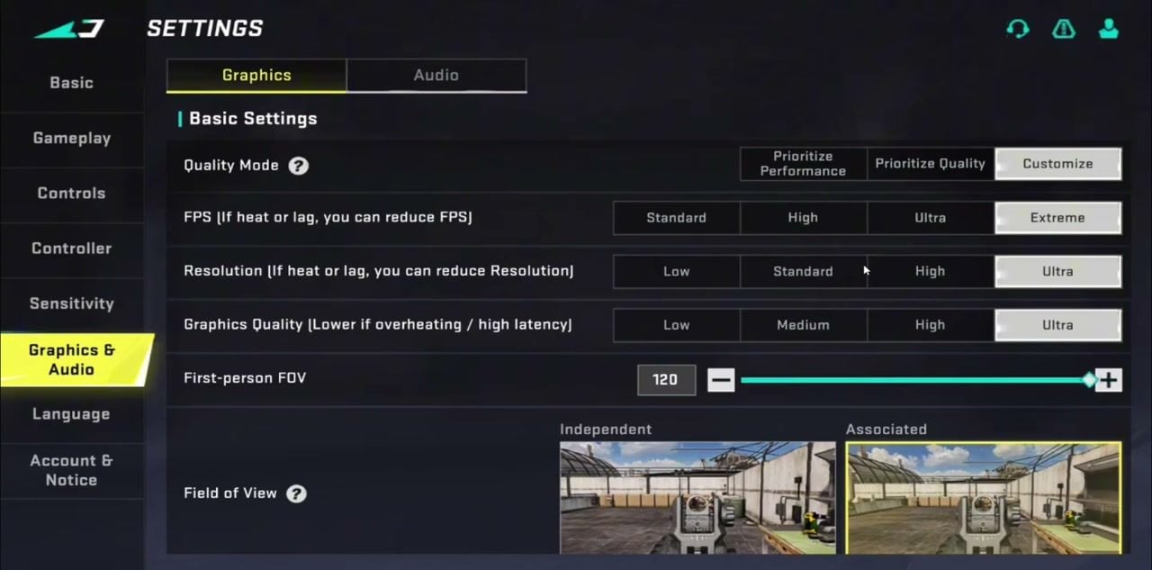 Blood Strike best settings Graphics FOV 120 Associated