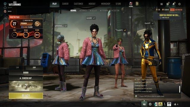 PUBG Mobile lobby screen with friends icon and add friends interface highlighted