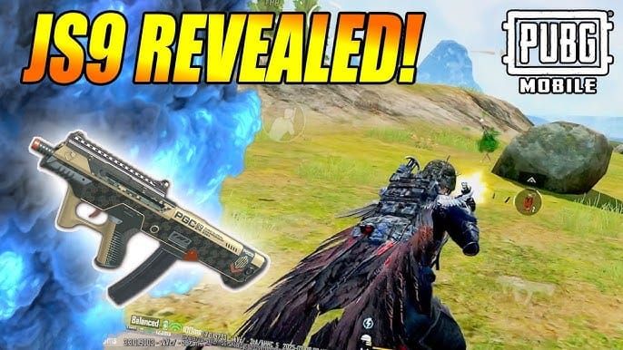 PUBG Mobile JS9 SMG weapon interface showing stats and attachments