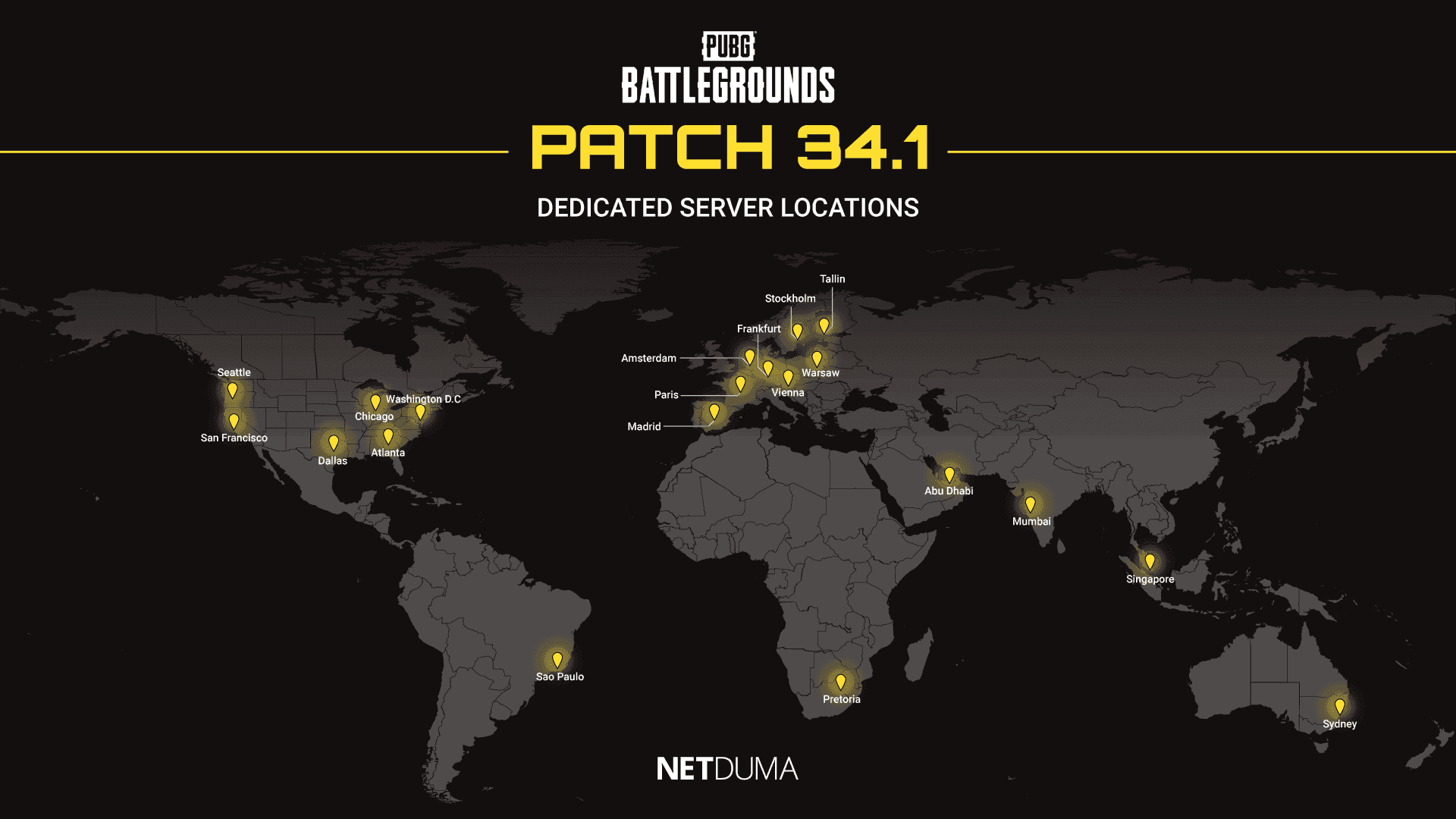 Global map highlighting PUBG Mobile server locations in North America, Europe, and Asia