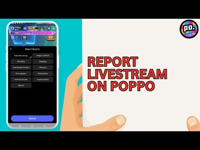 逐步指南，顯示如何透過行動應用程式在 Poppo Live 上舉報使用者