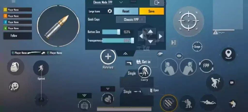 HUD pro 4prstý claw hráče Alpha7 Carrilho v PUBG Mobile s tlačítkem střelby na 153 procent v režimu Classic TPP