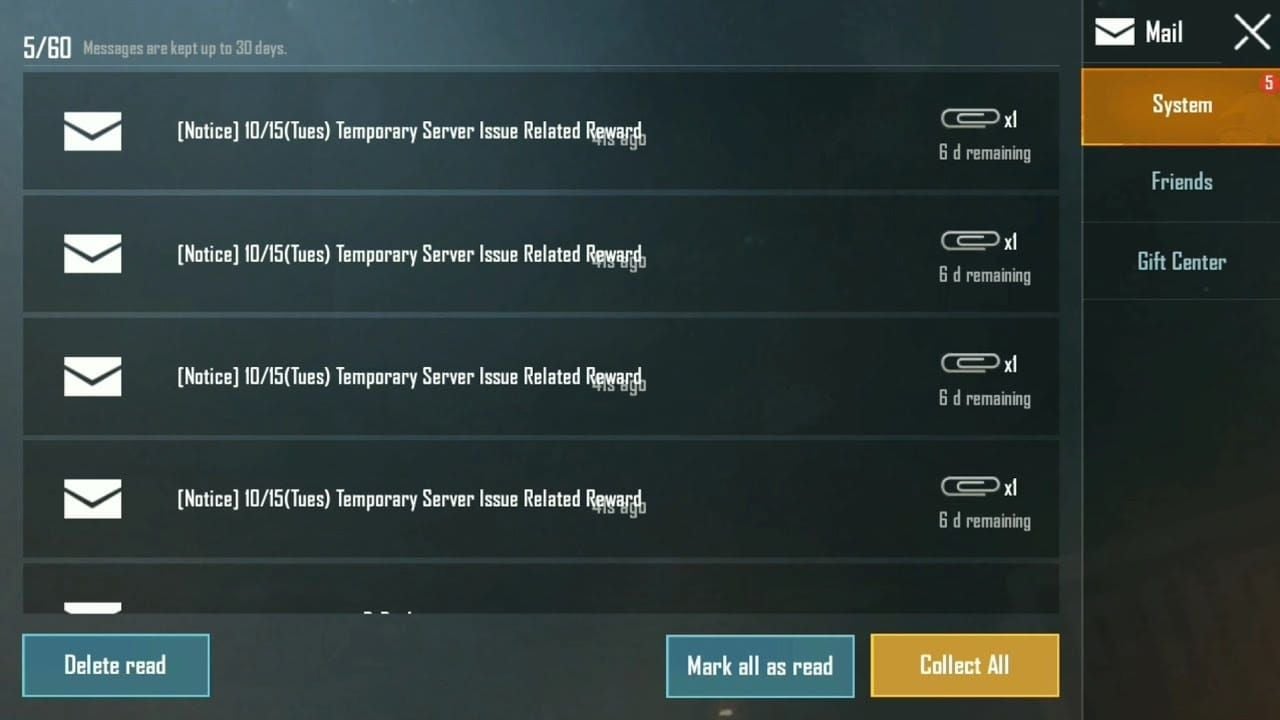 PUBG Mobile in-game mail system displaying redeemed rewards