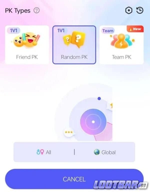 Poppo Live 1対1 PKバトル画面。エントリーフィーと報酬が表示されています。