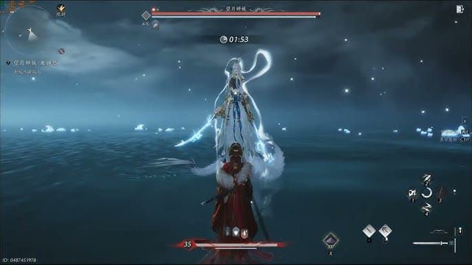 In-game screenshot of Moongazing Maiden boss battle at Jade-Mirrored Spring in Where Winds Meet 1.5 update