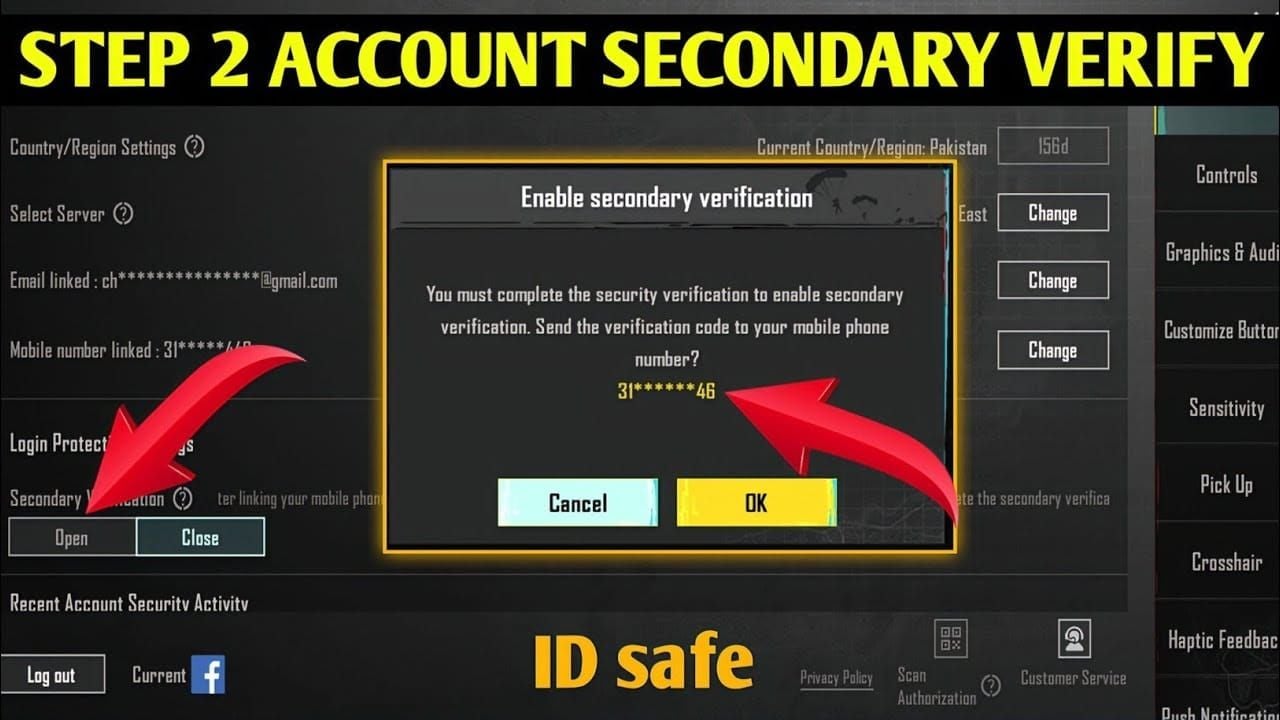 PUBG Mobile two-factor authentication setup steps in account settings
