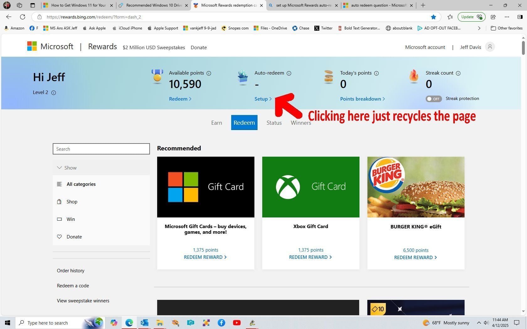 Catálogo de canje de Microsoft Rewards mostrando los umbrales de puntos para tarjetas de regalo de Microsoft y de terceros
