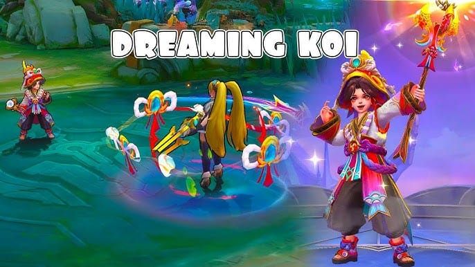 मोबाइल लीजेंड्स बैंग बैंग हार्ले ड्रीमिंग कोई स्किन आर्टवर्क जिसमें पानी के कार्ड, कोई मछली के छींटे और सर्पिल विस्फोट दिखाई दे रहे हैं