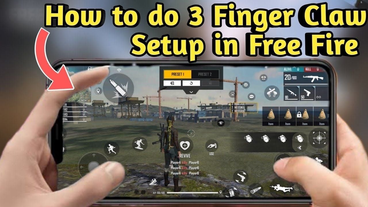3-finger claw in Free Fire with left index on the top-left fire button