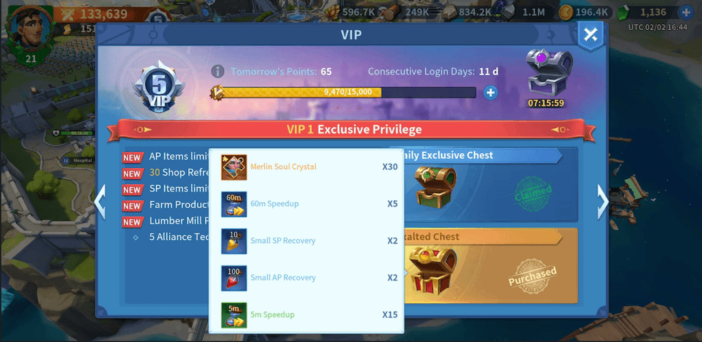 Infinity Kingdom daily quest tracker showing 100 activity points chest reward