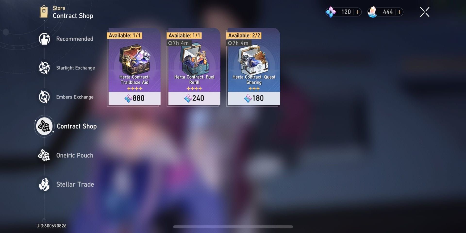 Honkai Star Rail Contract Shop showing various bundle options and pricing