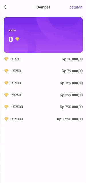 Mango Live 钱包打开 Google Play 结账界面的动态屏幕录制，购买 315000 颗钻石售价 Rp1,590,000，账户邮箱已打码
