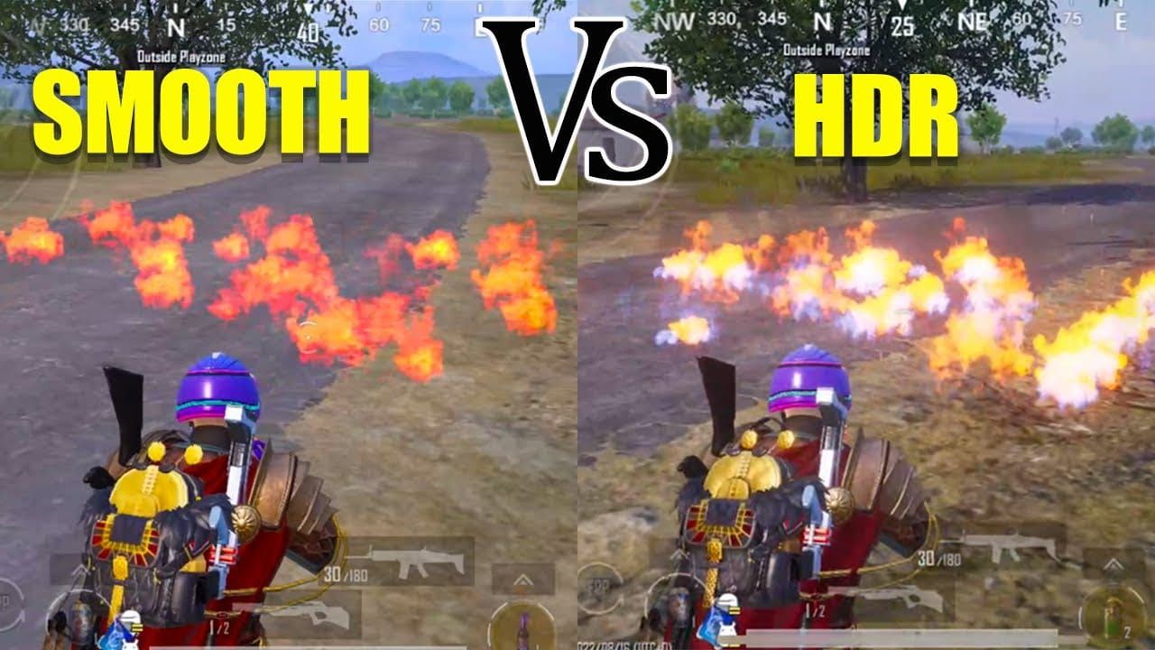 Visual comparison between PUBG Mobile HDR and Smooth graphics settings