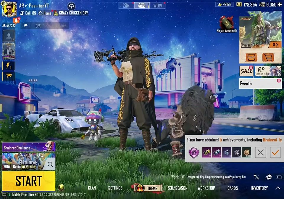Salon PUBG Mobile avec le mode WOW Brainrot Royale sélectionné après les hauts faits