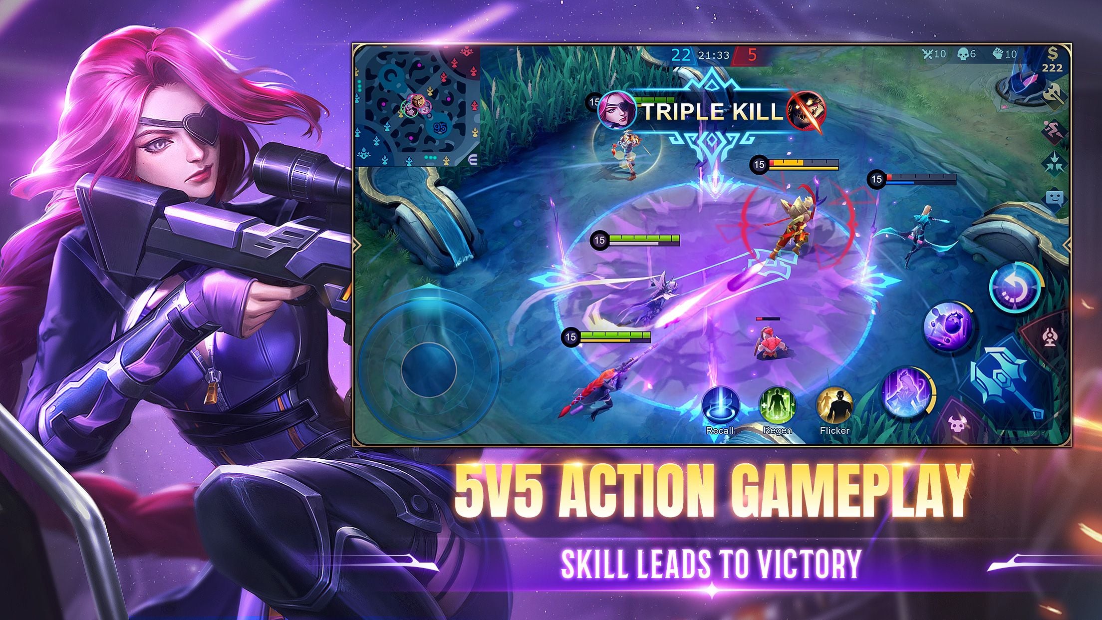 Gameplay oficial 5v5 din Mobile Legends Bang Bang cu Lesley și un banner Triple Kill