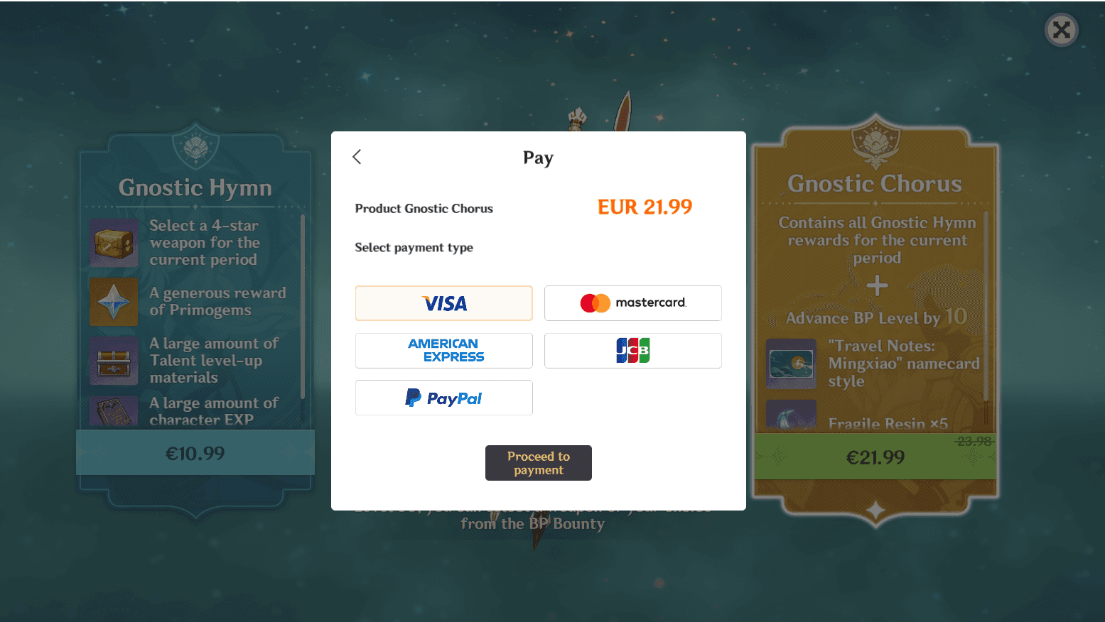 PayPal payment option in mobile app store for Genshin Impact Genesis Crystals purchase