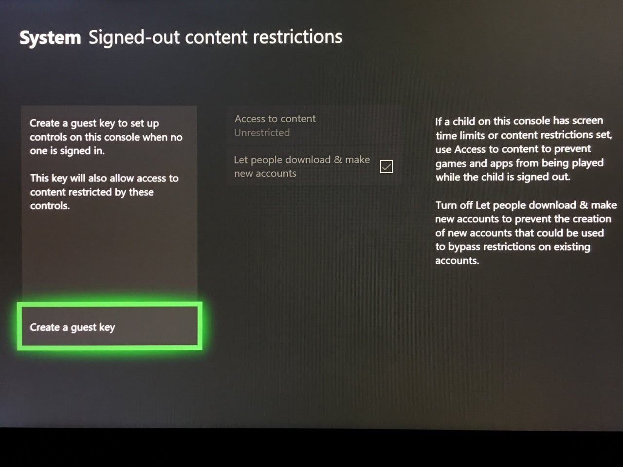 Xbox system signed-out restrictions configuration screen