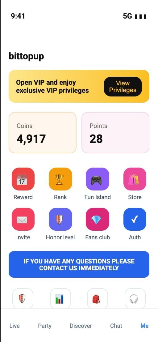 Página Eu do Poppo Live com carteira, moedas, pontos e configurações