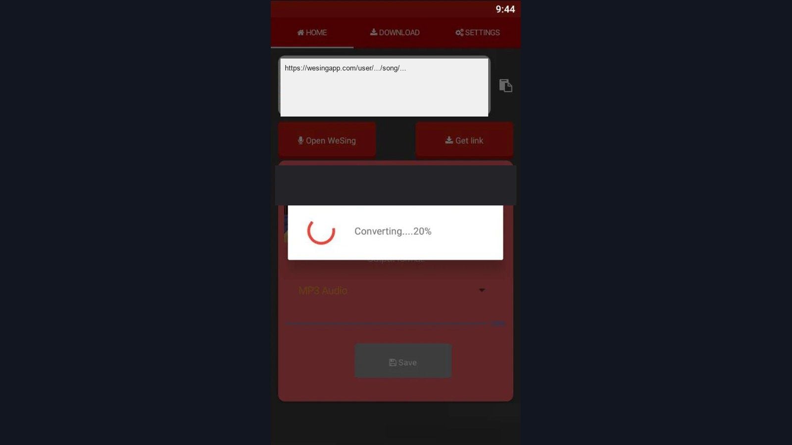 WeSing downloader converting a share link to MP3