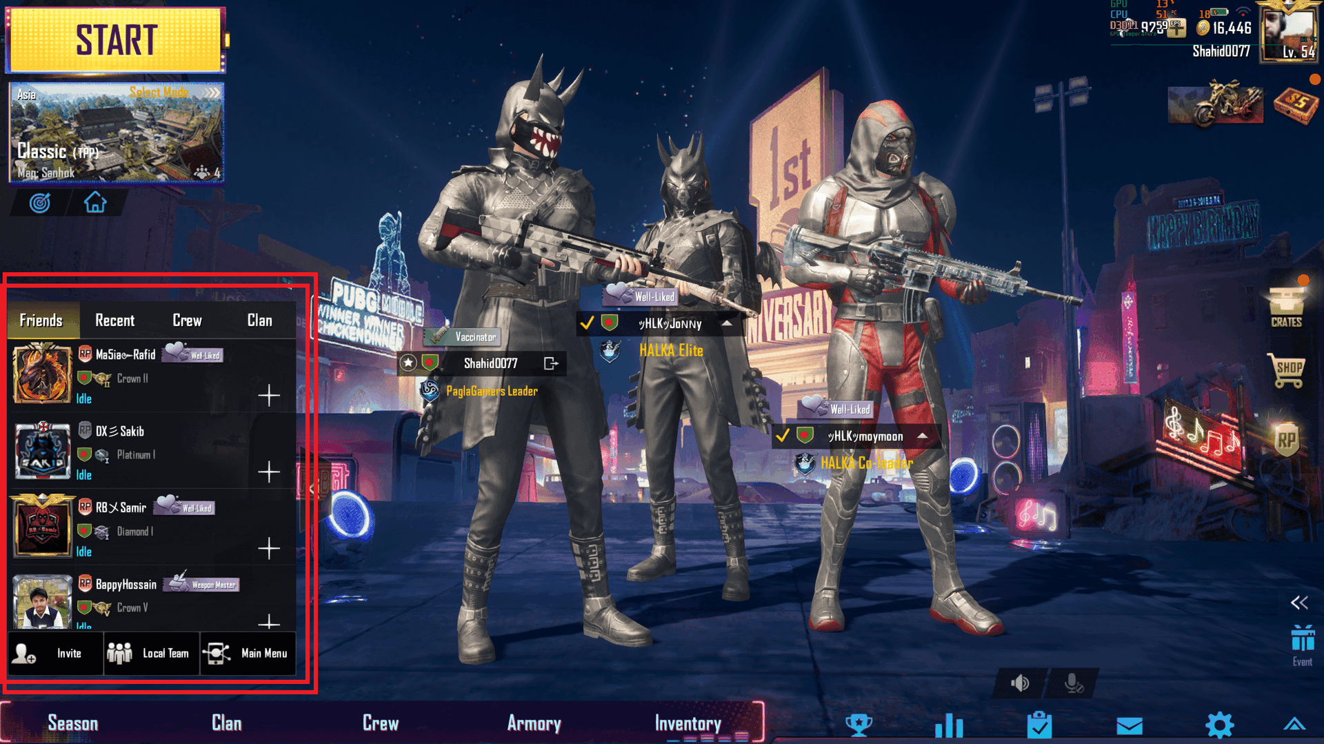 PUBG Mobile friends interface displaying synergy levels and gifting requirements