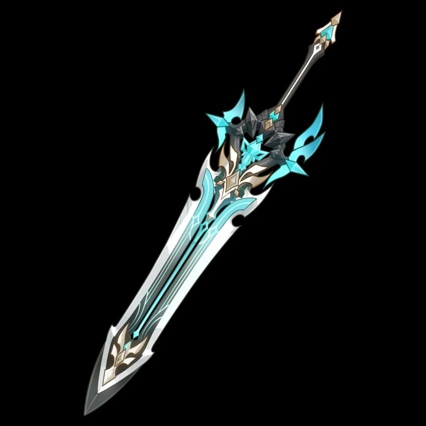 जेनशिन इम्पैक्ट गेस्ट ऑफ द माइटी वुल्फ क्लेमोर वेपन आर्टवर्क जिसमें लेवल 90 स्टैट्स और पैसिव विवरण हैं