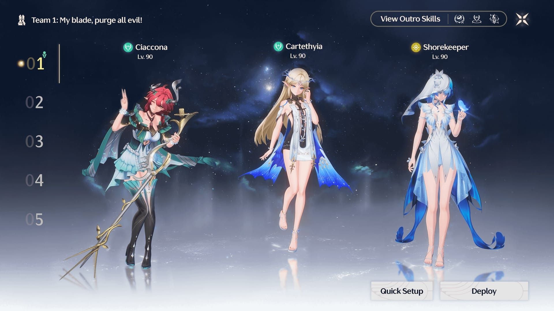 Interfaccia del team Sigrika, Qiuyuan e Shorekeeper in Wuthering Waves