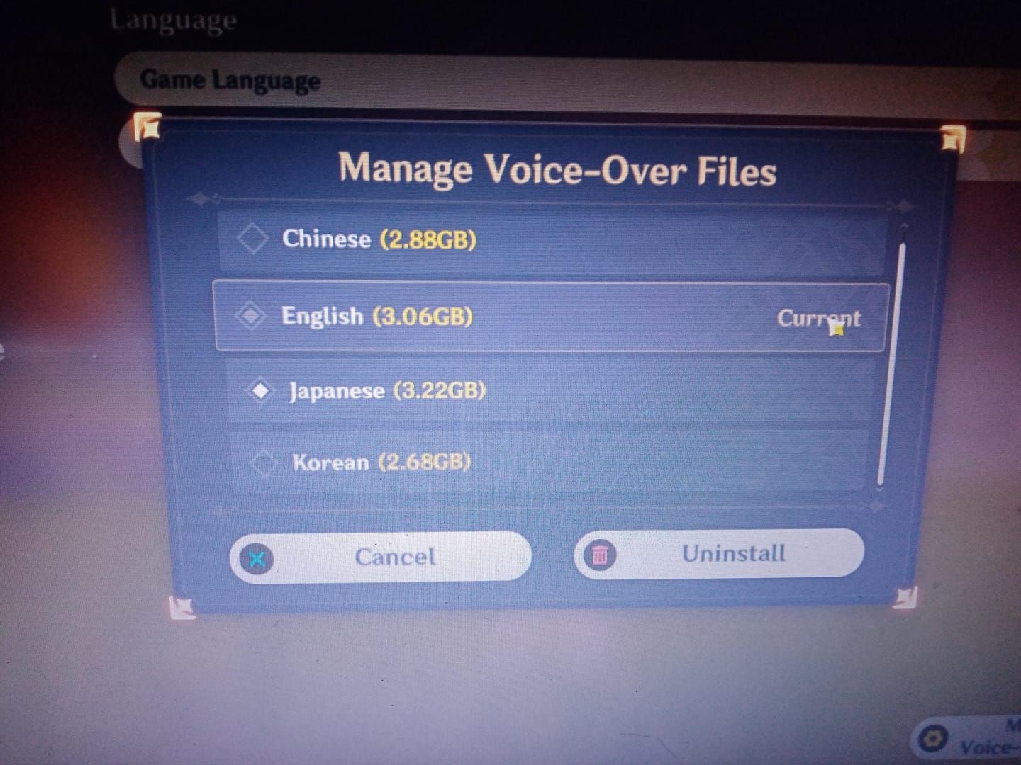 Genshin Impact Manage Voice-Over Files screen displaying language packs and storage sizes