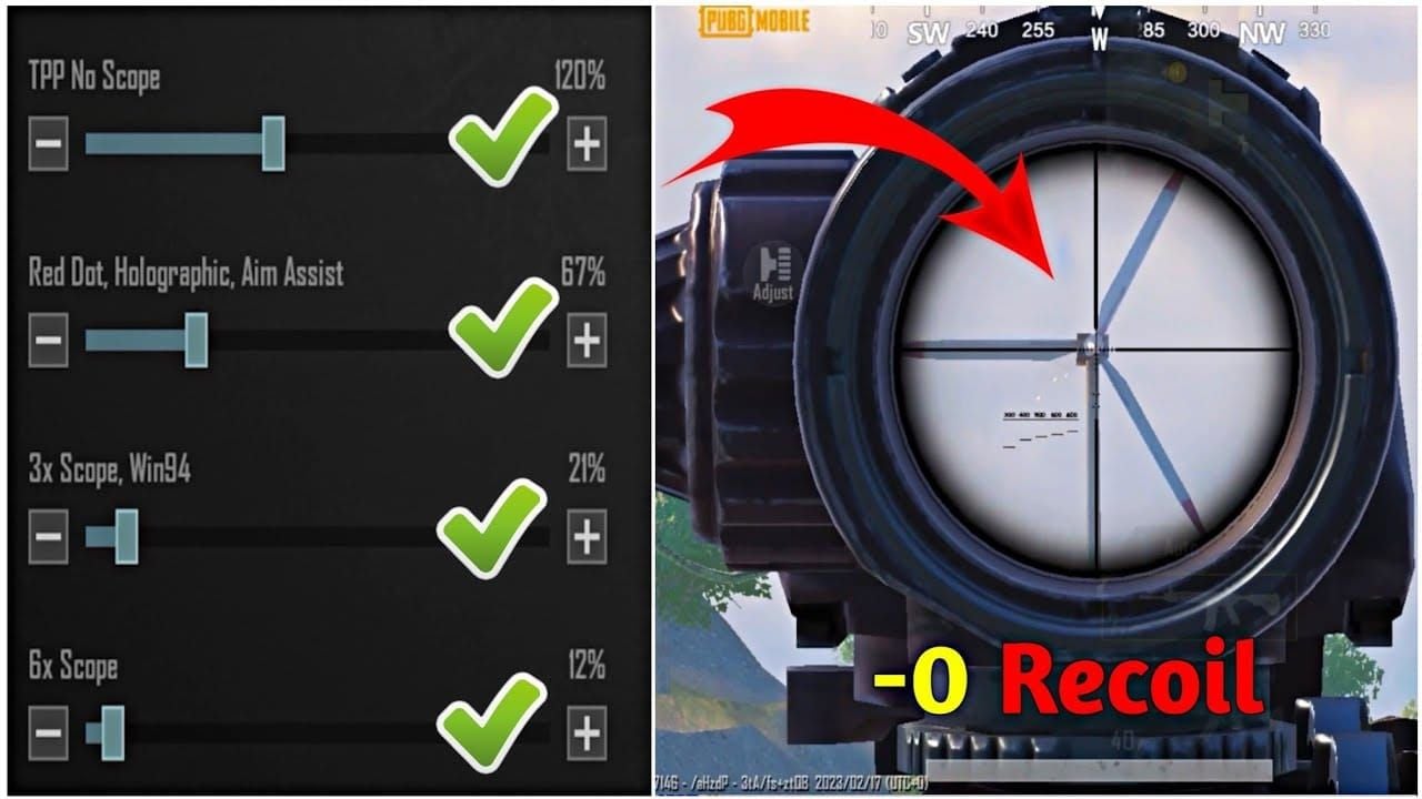 PUBG Mobile sensitivity configuration screen displaying optimal settings for controller gameplay