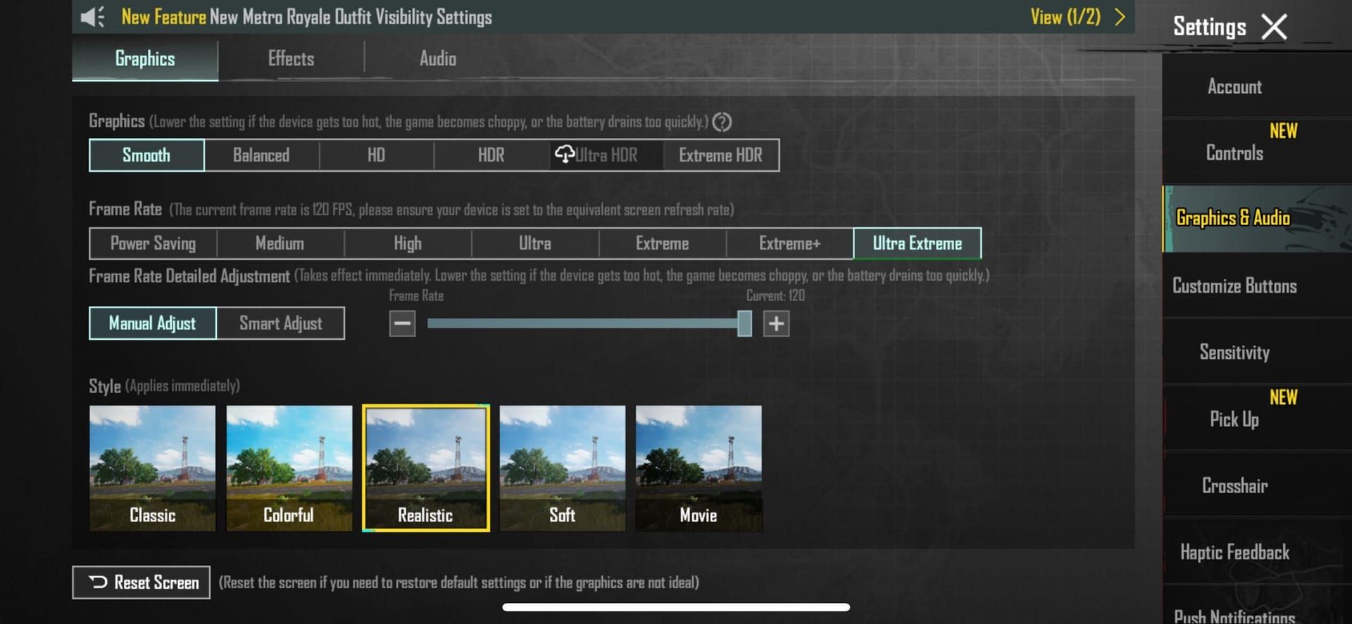 PUBG Mobile graphics settings interface on iPhone showing 120 FPS Ultra Extreme option