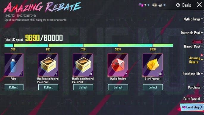 PUBG Mobile purchase rebate event interface displaying rebate tiers and bonus UC rewards