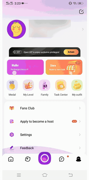 在 Mango Live 中点击紫色相机、授予相机和麦克风权限后看到仅限主播提示消息的动态屏幕录制