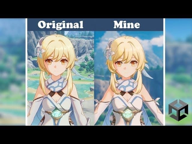 Art tutorial demonstrating Genshin Impact's cel-shading technique with before and after examples