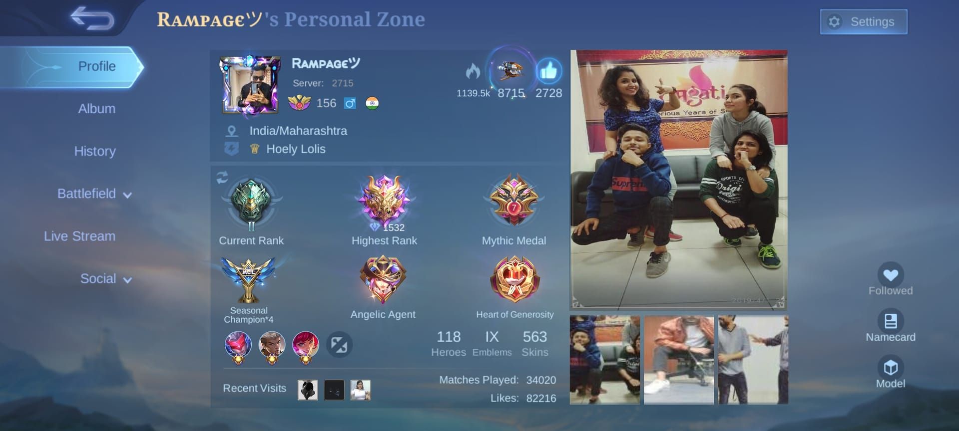 Mobile Legends Bang Bang profile page showing User ID and Zone ID location in Basic Info tab