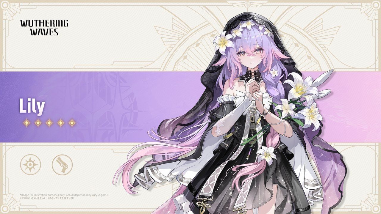 Pratonton Rasmi Resonator Wuthering Waves bagi Lily, Resonator 5-bintang Spectro Pistols dengan rambut lavender dan bunga lili putih