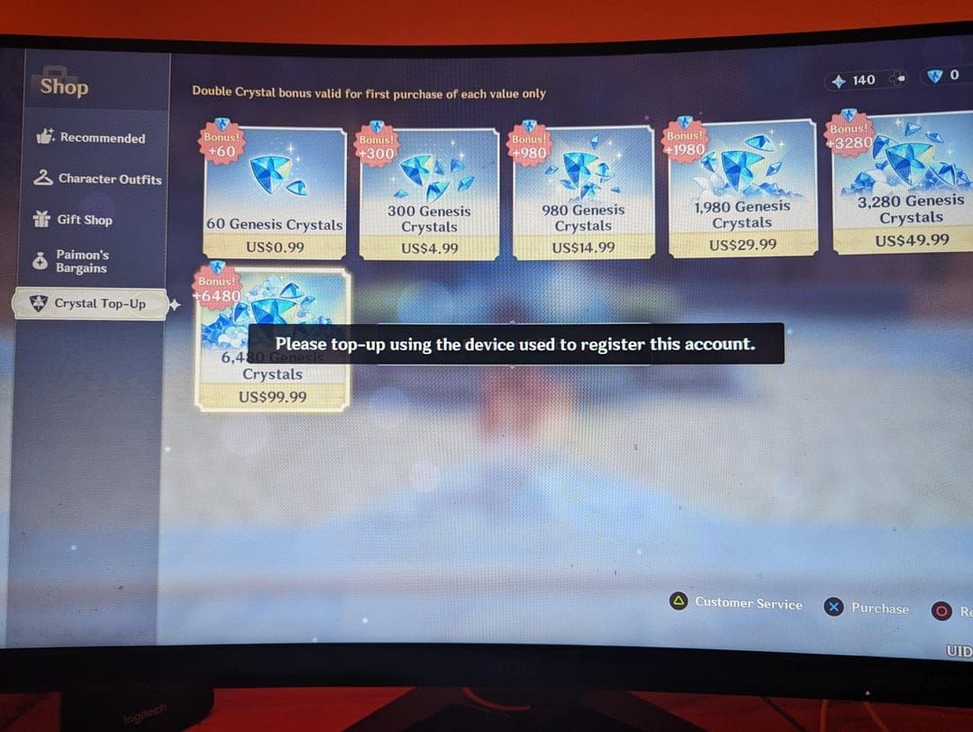PC version of Genshin Impact showing Crystal Top-Up payment options