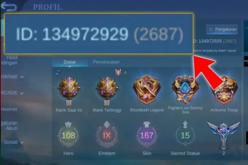 Mobile Legends profile screen showing User ID and Zone ID location