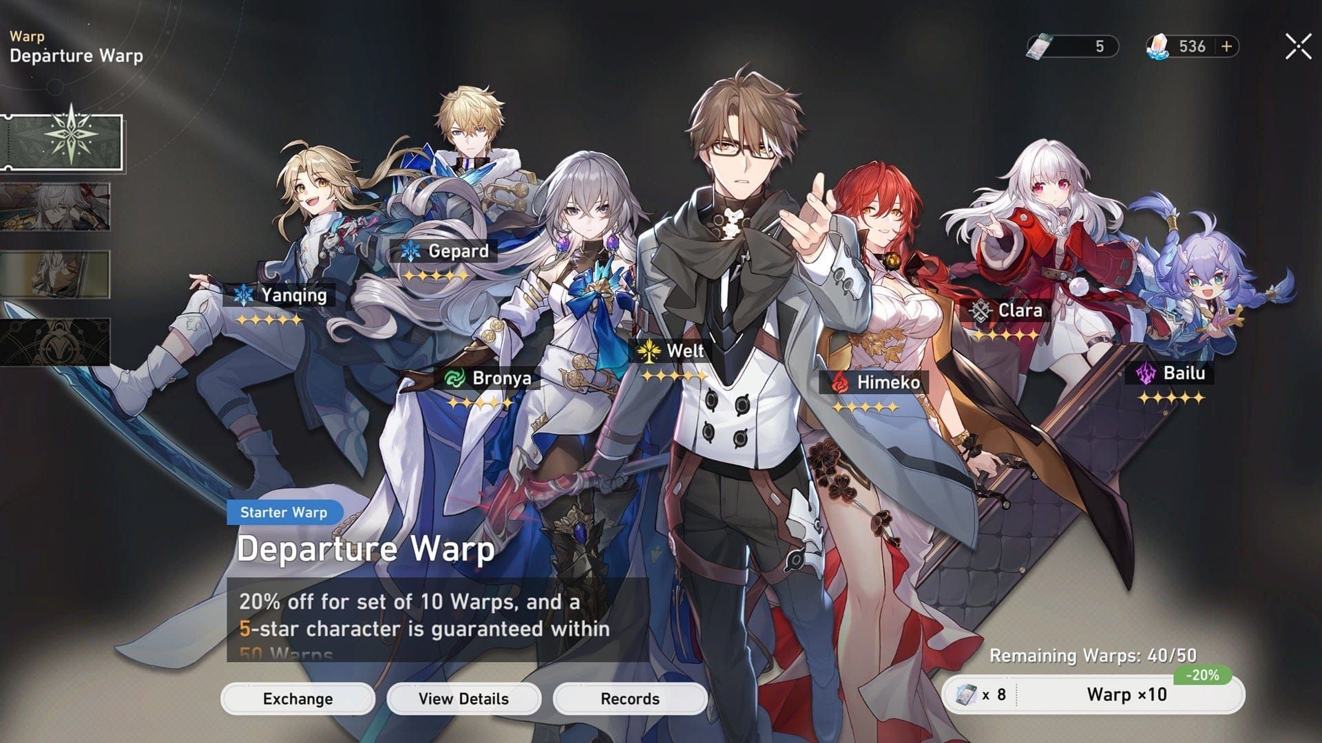 Honkai Star Rail warp menu interface showing View Details and Records tab navigation