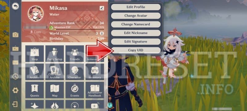 Genshin Impact game interface highlighting where to find the UID for safe top-up transactions