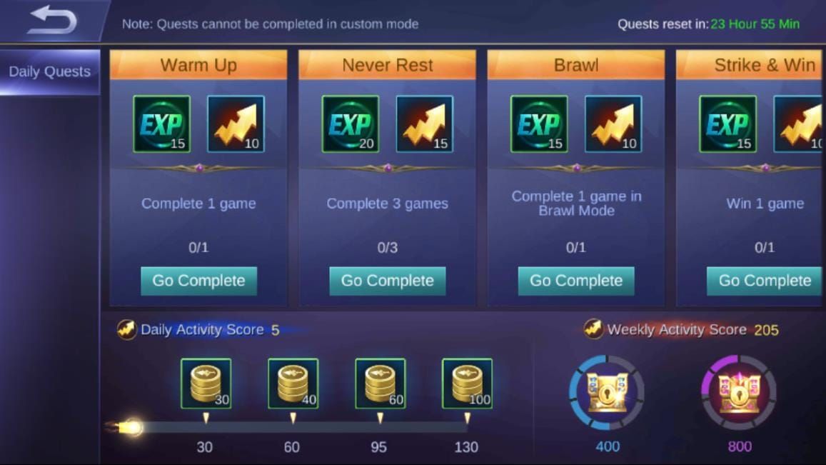 Screenshot dell'interfaccia delle missioni giornaliere e del guadagno di EXP del Pass M7 di Mobile Legends Bang Bang