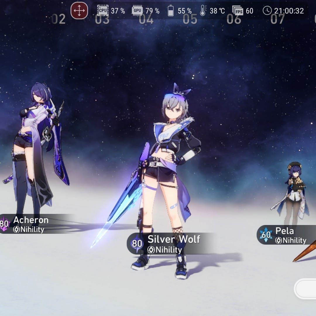 Team composition interface displaying Acheron, Silver Wolf, and support characters in formation
